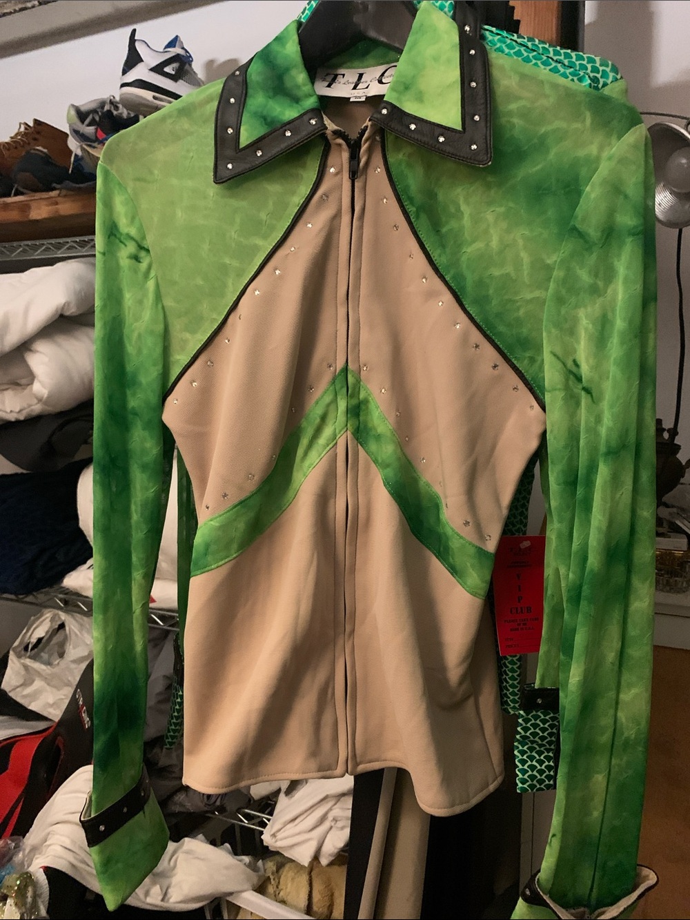 Women's Green chiffon and Beige Lyra Studded Zip-Front with black leather studs